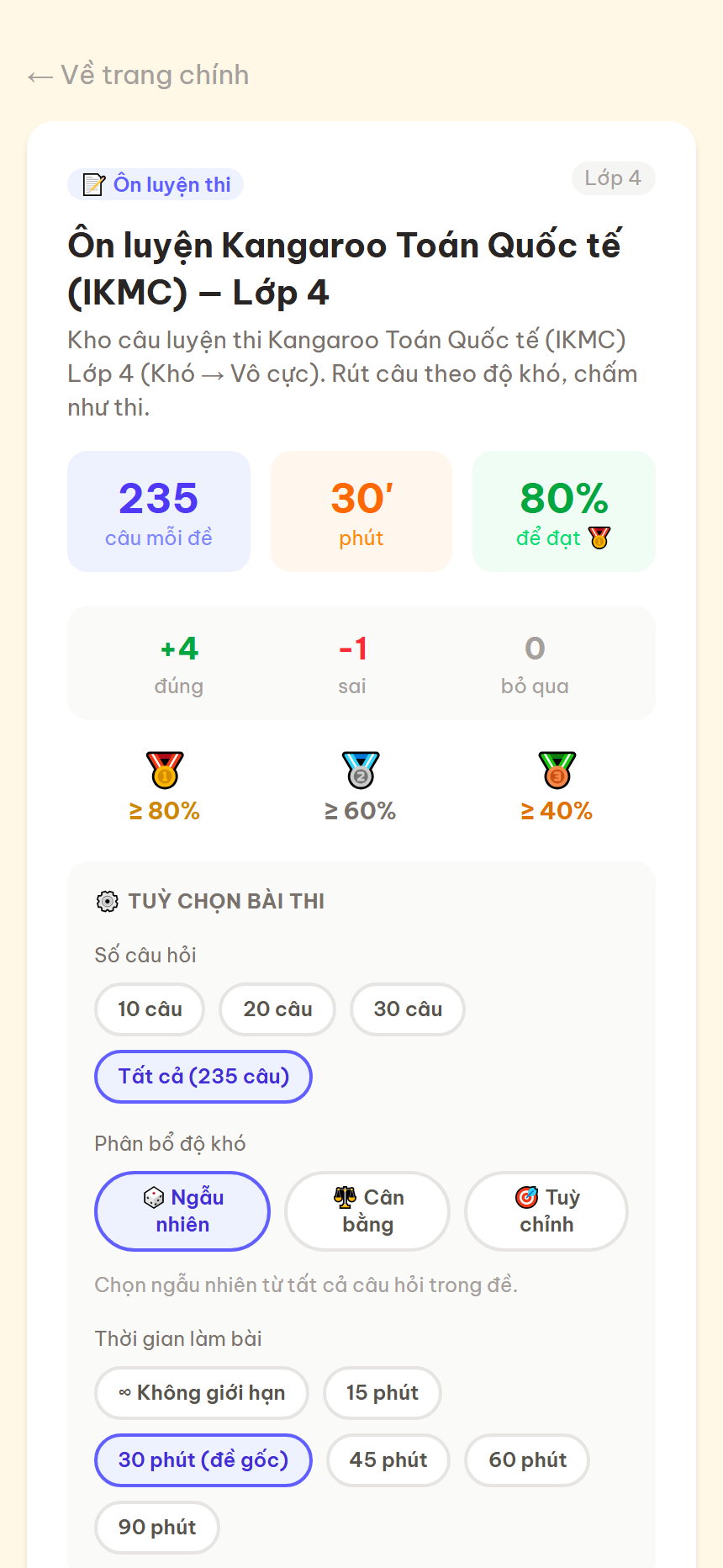 Chọn số câu, độ khó và xem ngưỡng huy chương